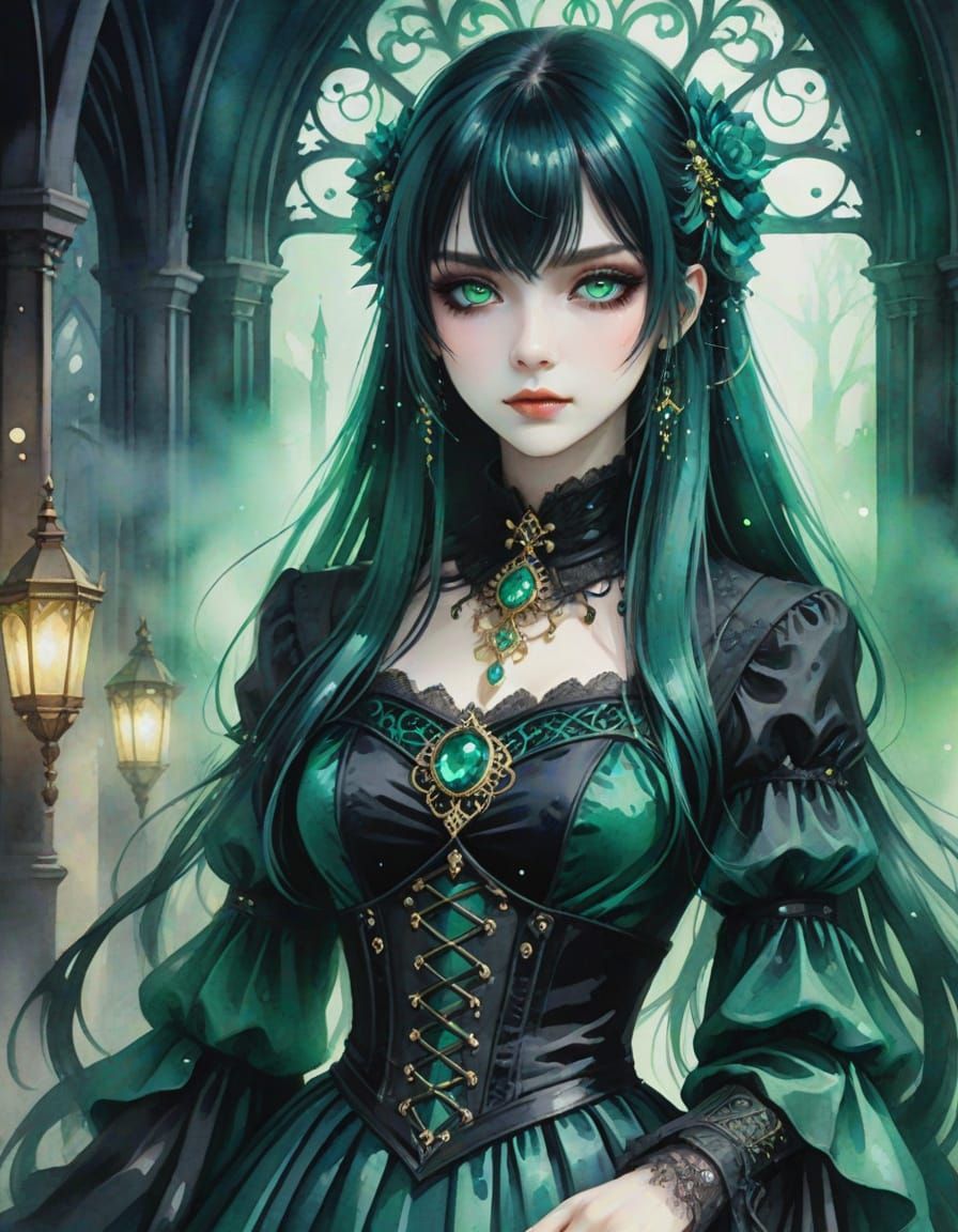 Gothic Emerald Princess in Watercolor