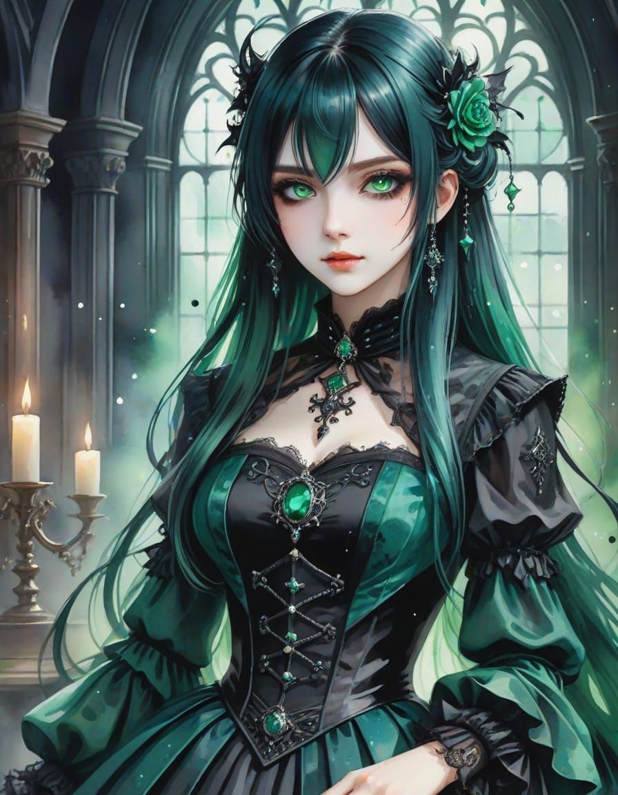 Gothic Anime Watercolor Princess in Emerald Hues