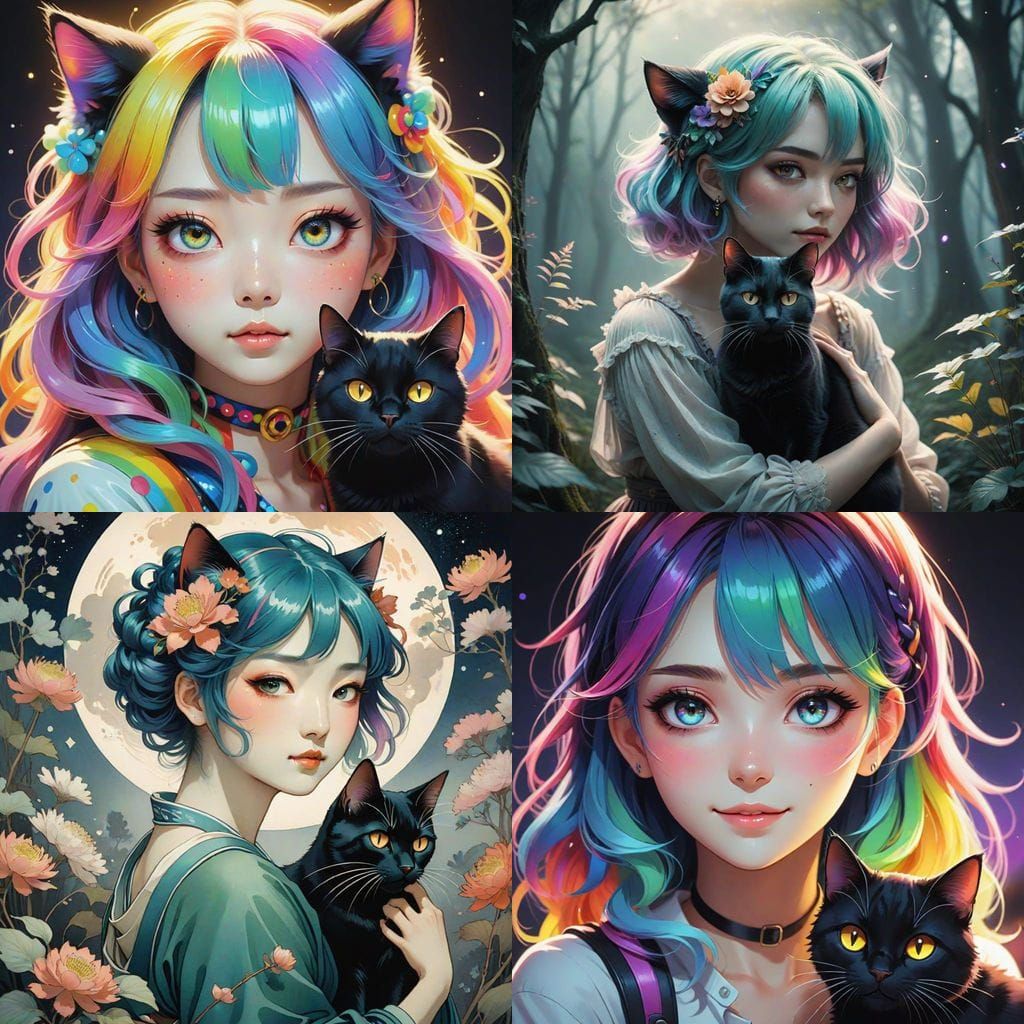 Romantic Anime Goddess with Rainbow Hair and Feline Companio...