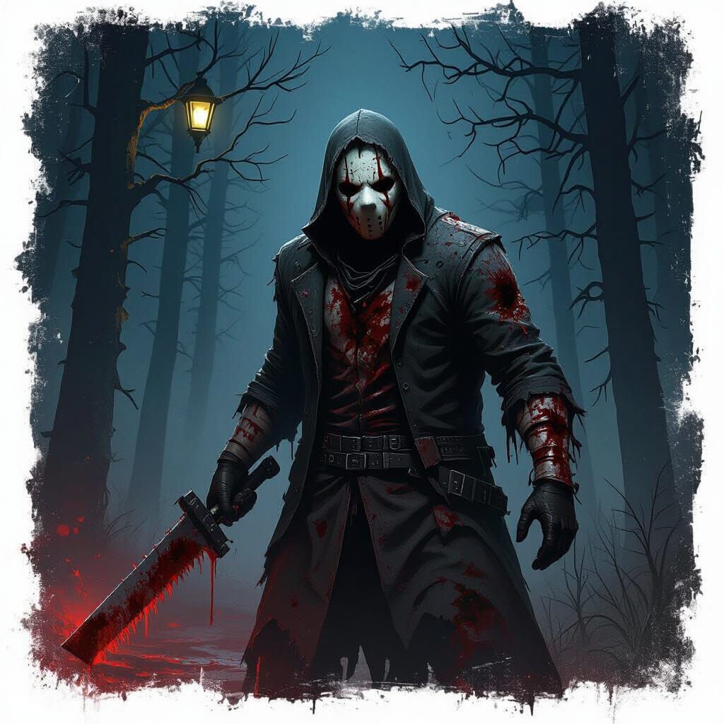 Terrifying Killer with Hacksaw and Blood in Dark Forest