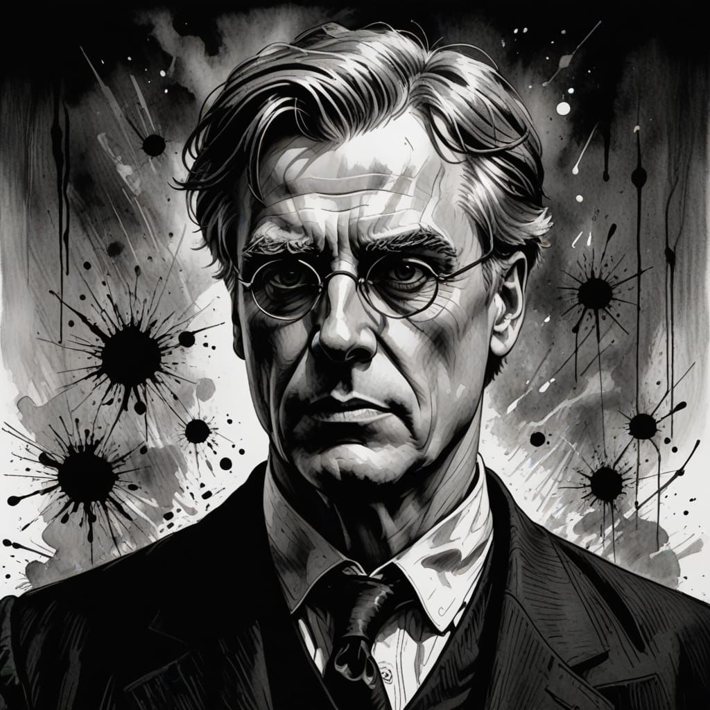 Poet William Butler Yeats in Ink-Washed Comic Book Style