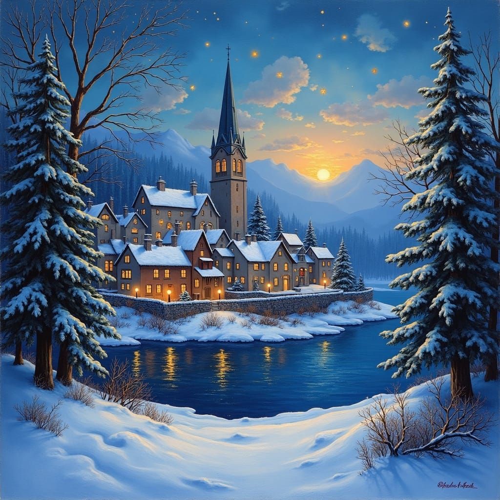 Magical Winter Village Oil Painting in Impressionist Style