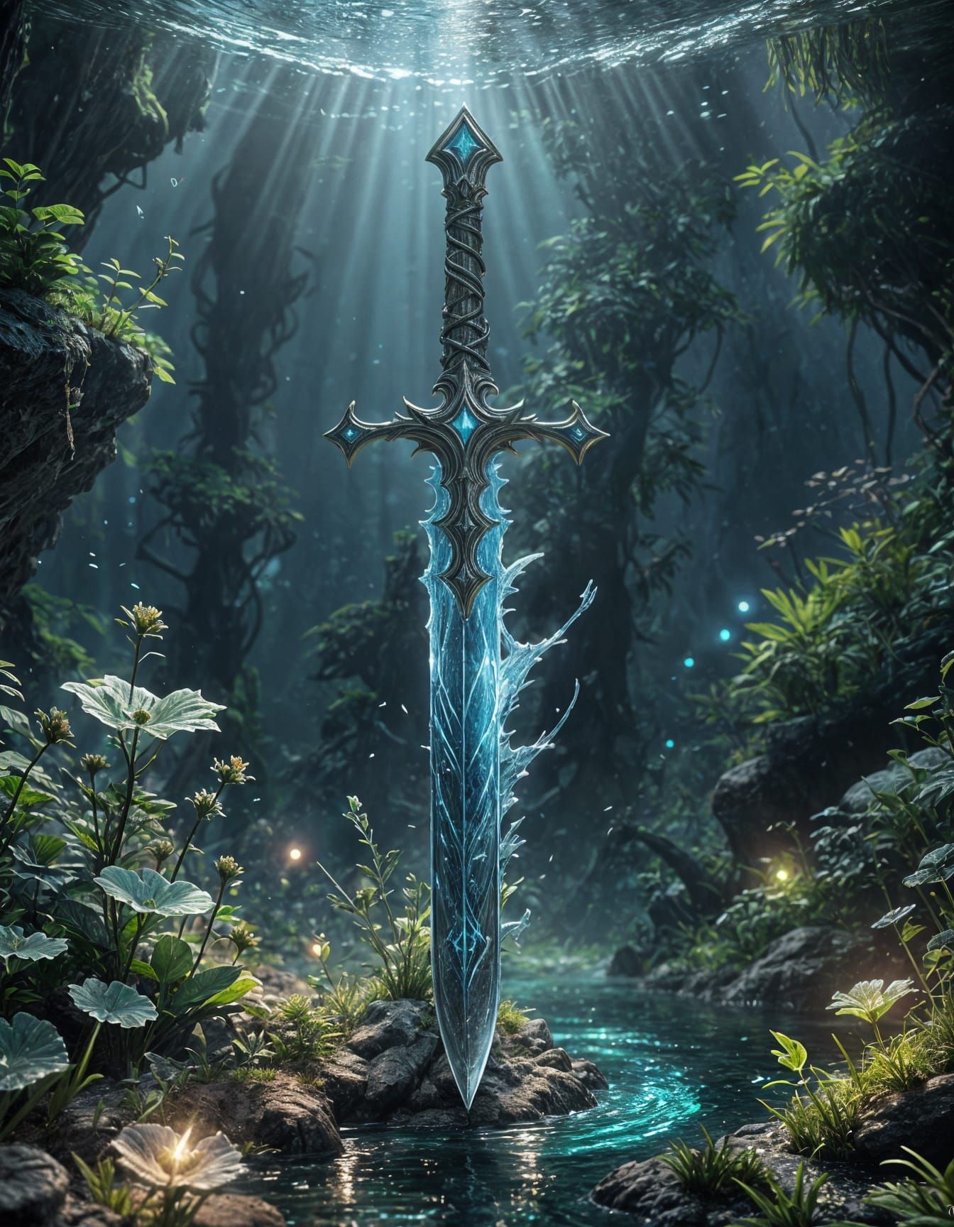 Ethereal Sword of Aquatic Light in Cosmic Depths