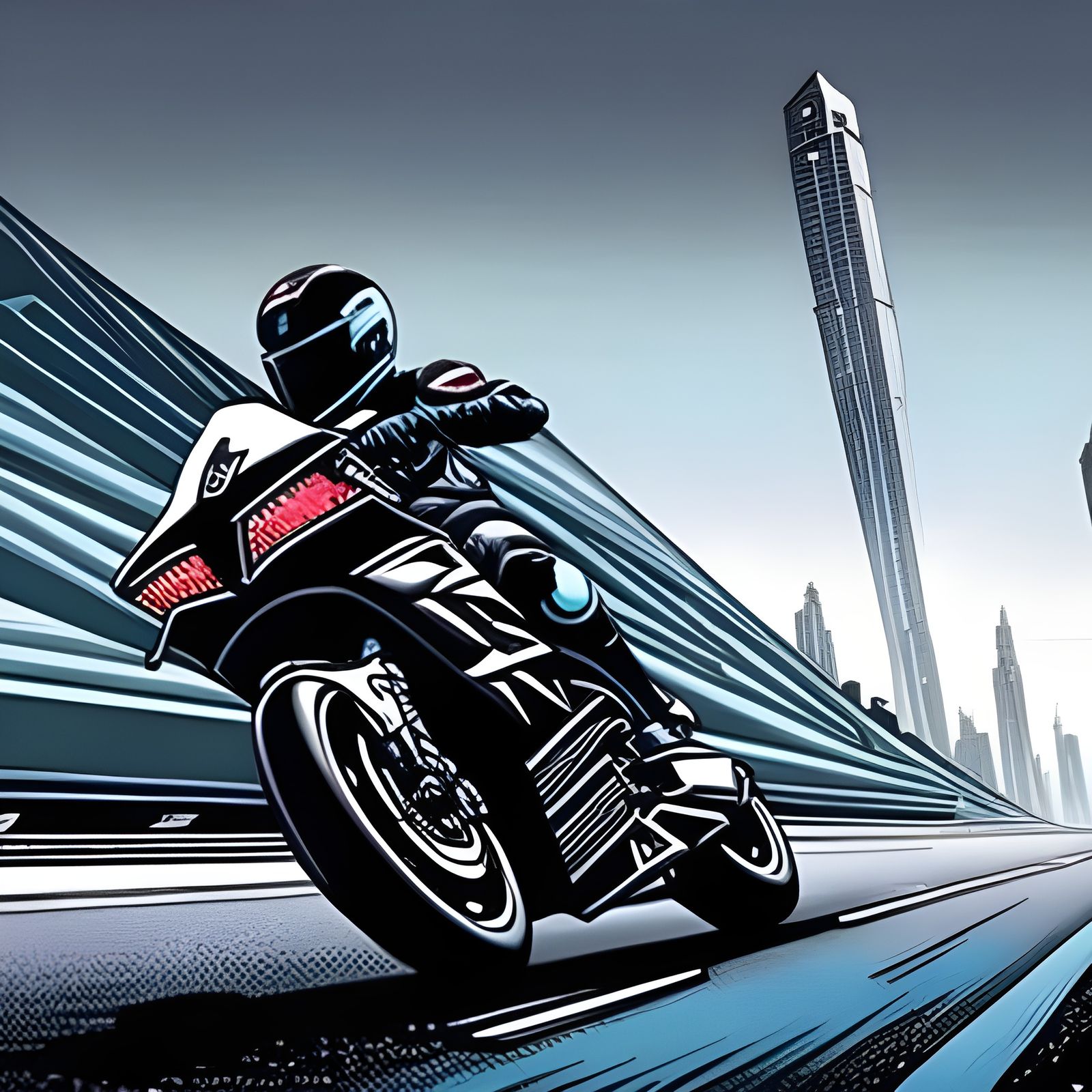 Cyborg Woman Rides in Futuristic City