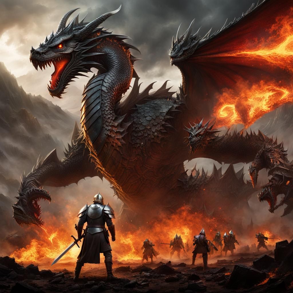 Knight vs Dragon on Smoky Battlefield