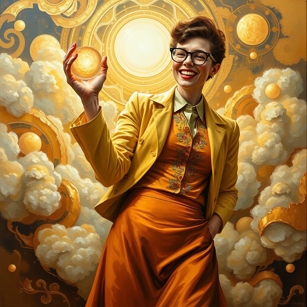 Golden Era Scientist in Whimsical Landscape