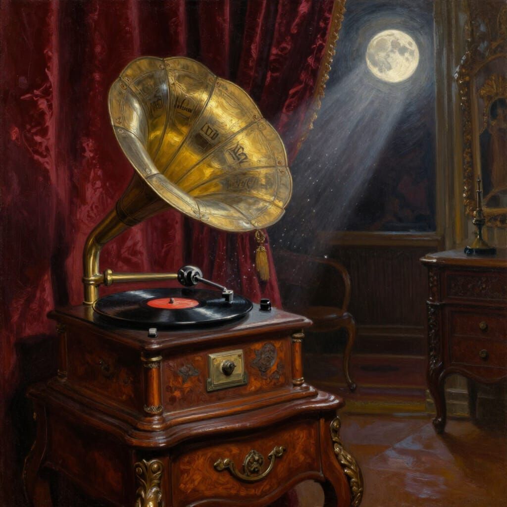 Victorian Parlor with Gramophone in Moonlight
