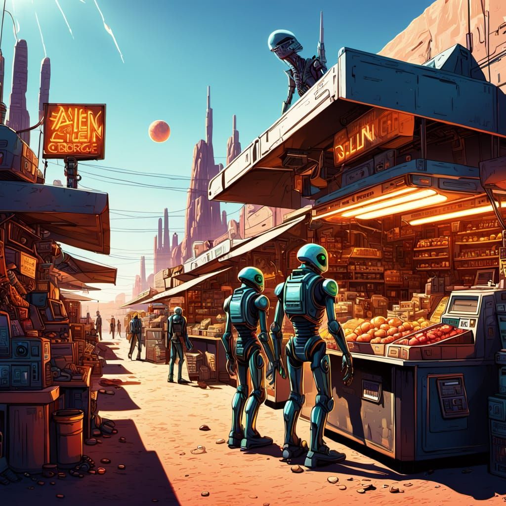 Alien Market on Desert Planet with Dual Suns