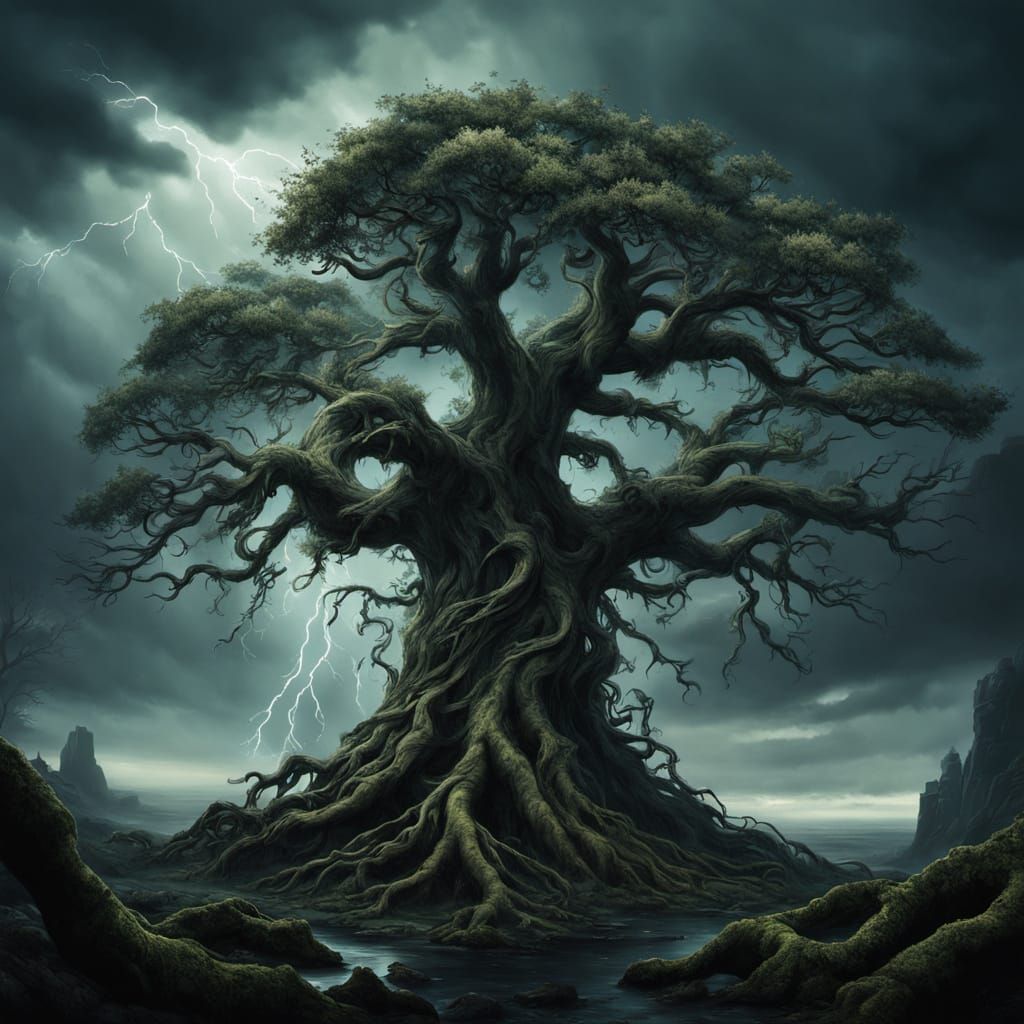 Ancient Tree Reaches Stormy Sky: Fantasy Realism