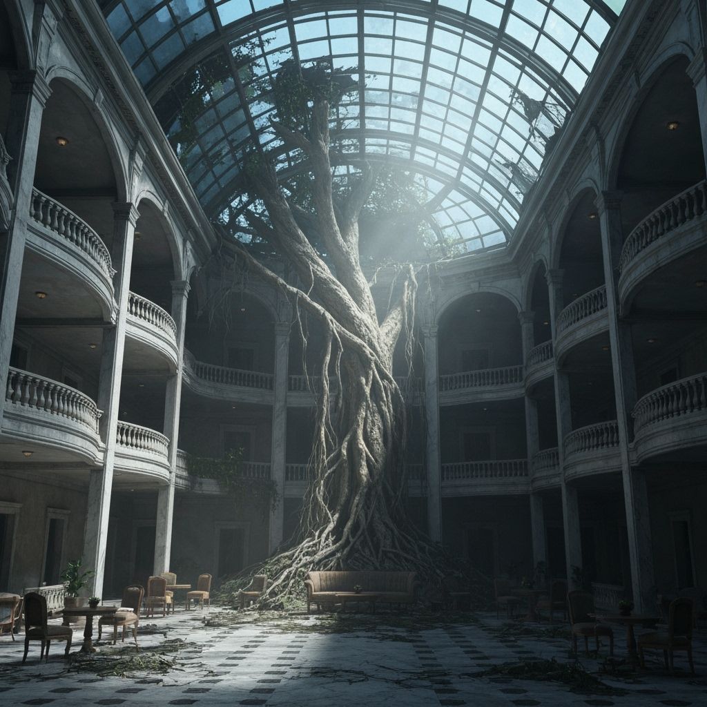Decaying Grand Hotel Atrium with Banyan Tree