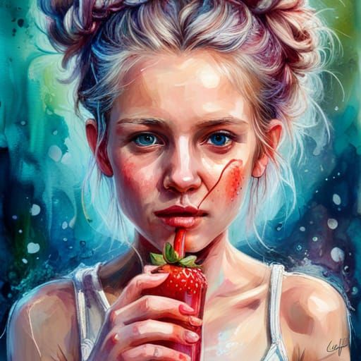 Cute Strawberry Creature in Magical Garden, Mixed Media