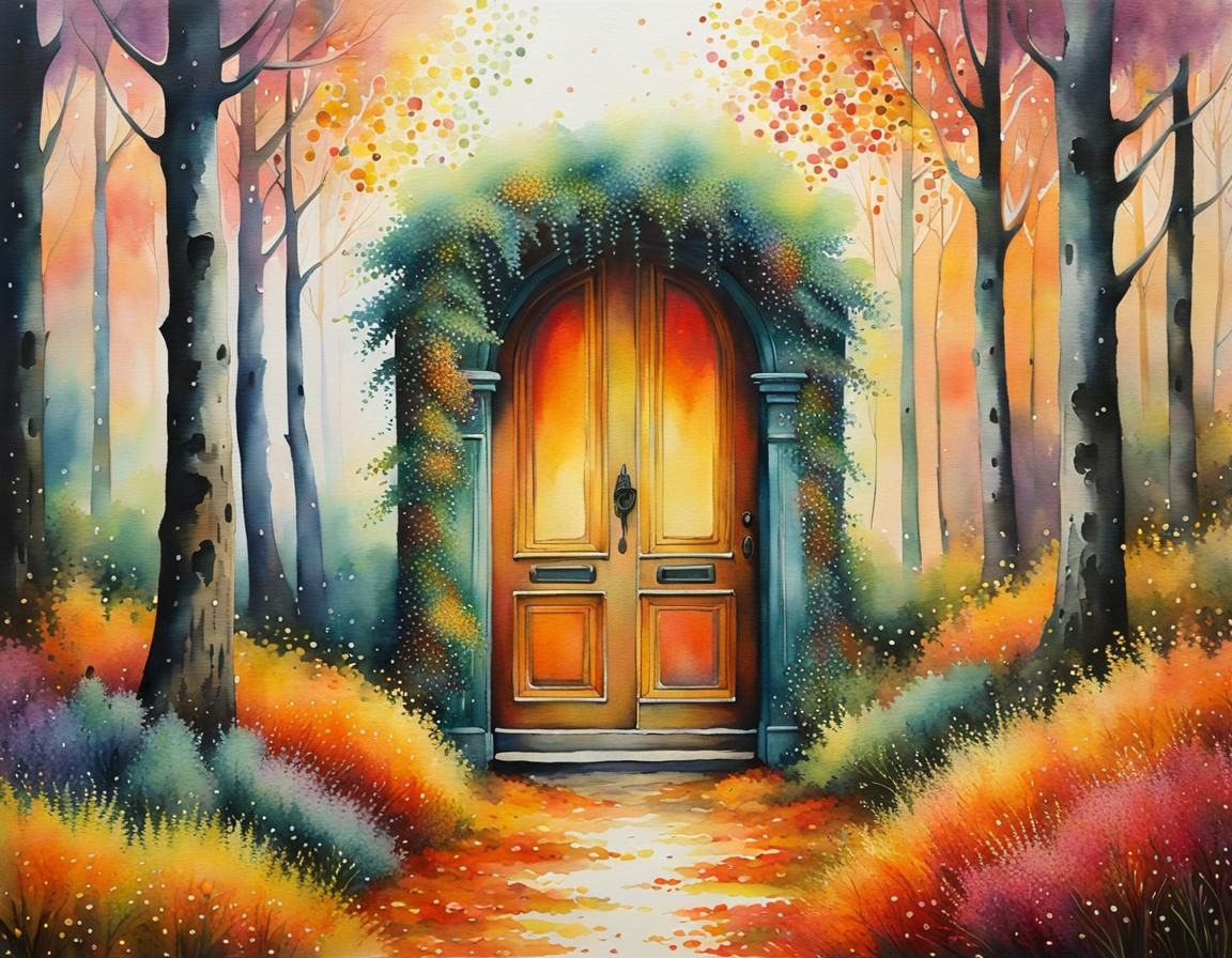Ethereal Door into Autumn Forest, Pointillism Aquarelle