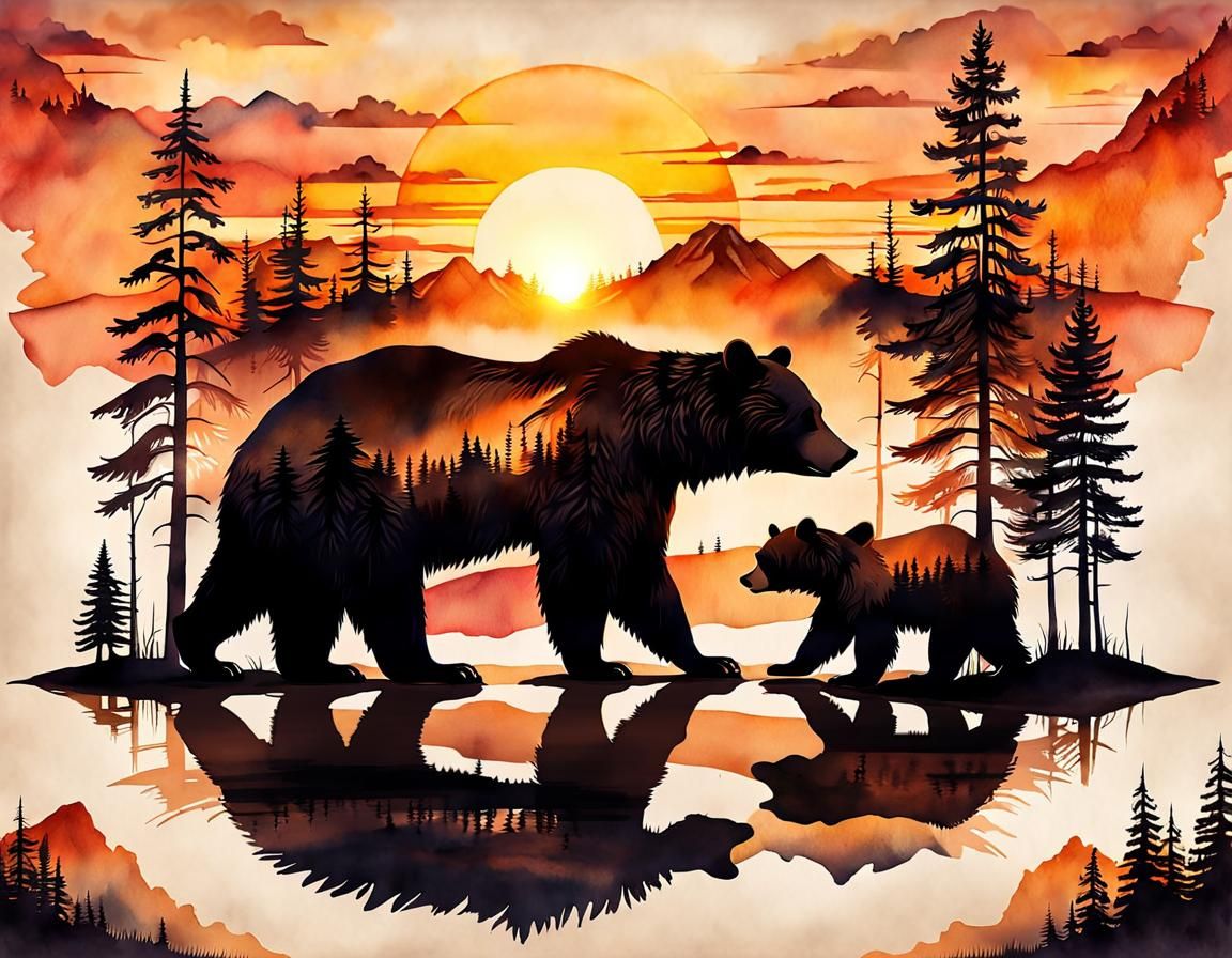 Watercolor Bear Silhouette Sunset Double Exposure