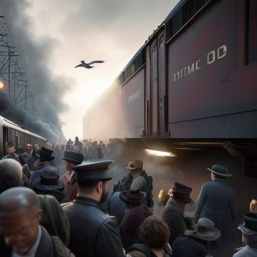Noir Crowd Boards Train in Dramatic Digital Painting