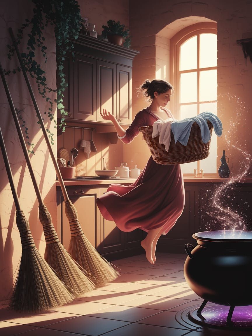 Enchanted Kitchen with Levitation Laundry and Magical Brooms