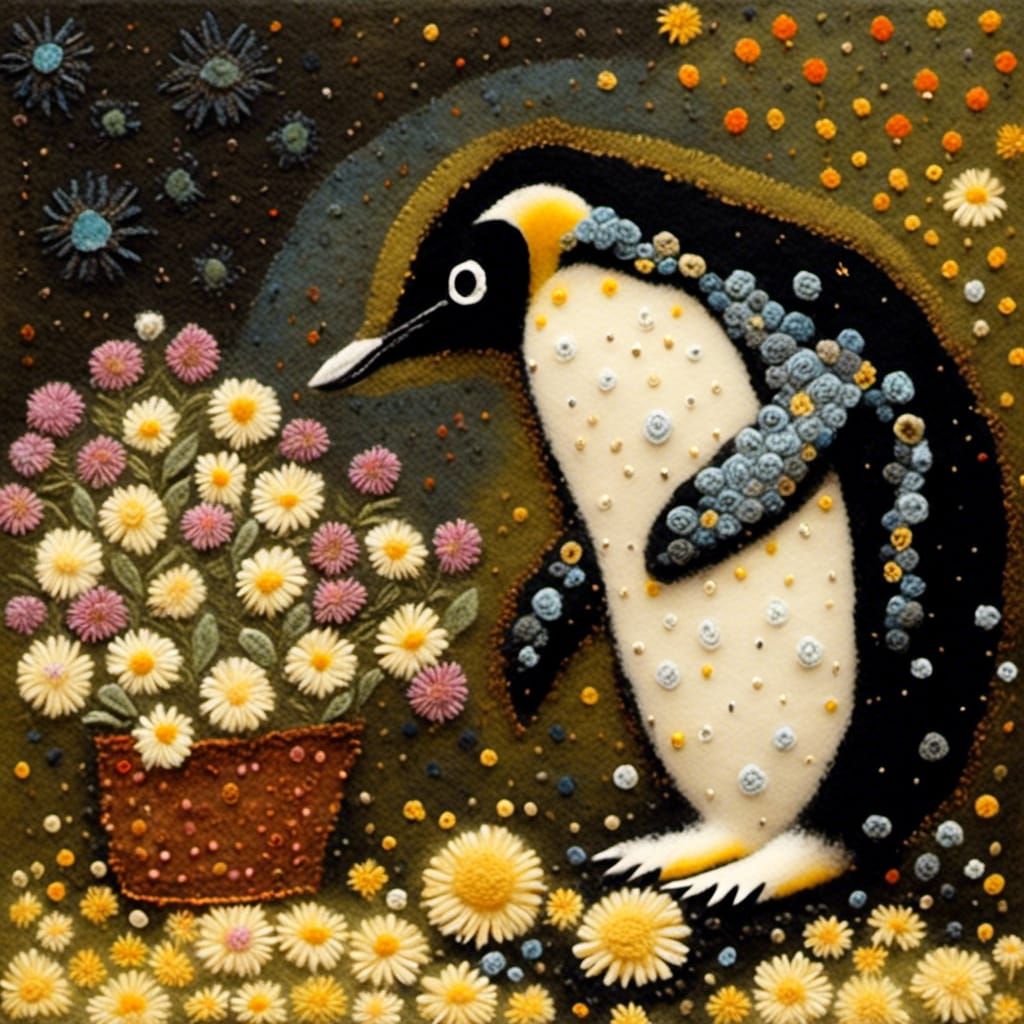 Penguin sniffing at flowers.