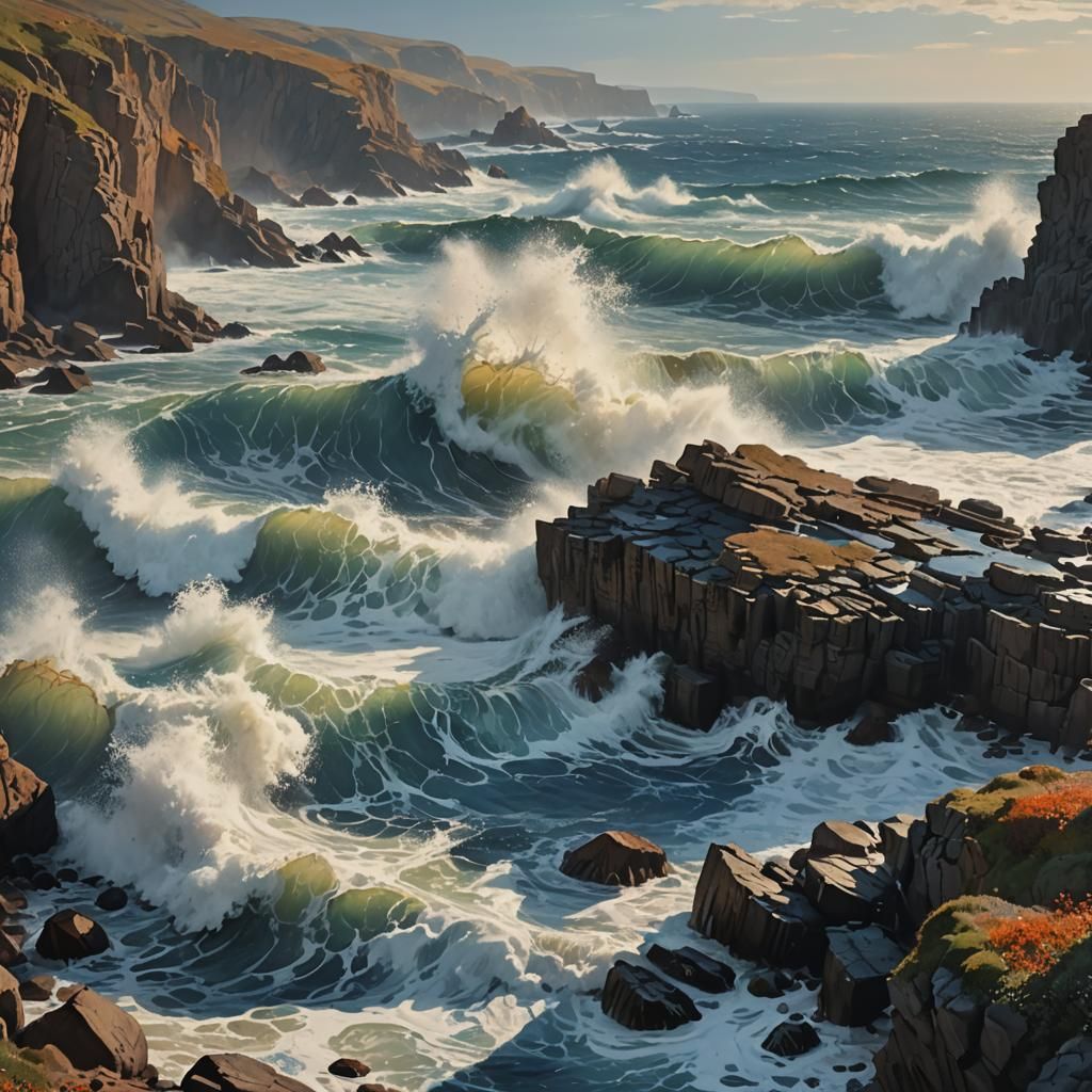 Monet Inspired Coastline with Crashing Waves