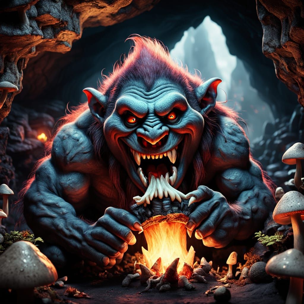 Ultrarealistic Troll Chewing Bone in Cave