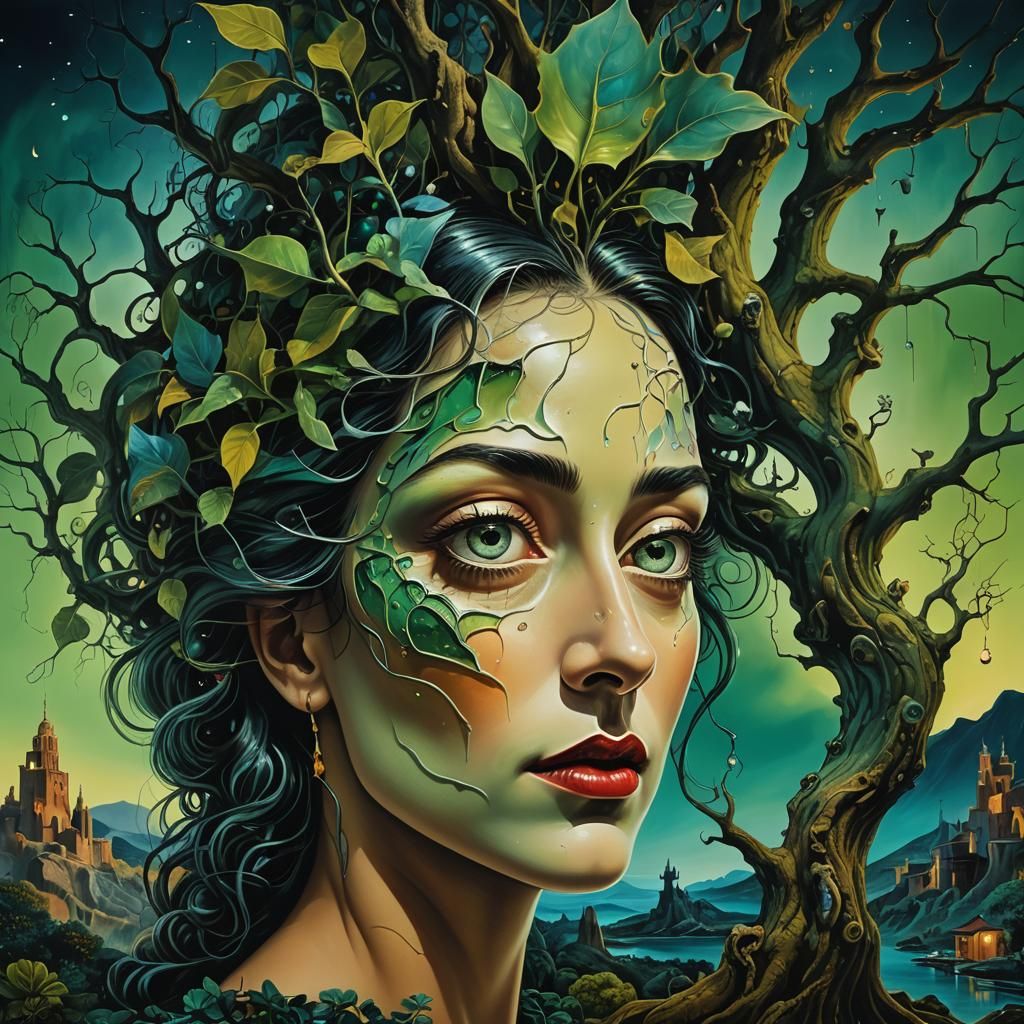 Lady Tree Portrait in Surrealist Style, Vibrant Colors