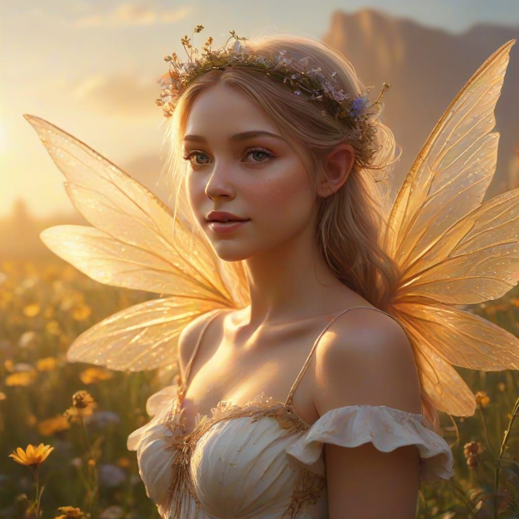 Fantasy Fairy in Wildflower Field as Oil Painting