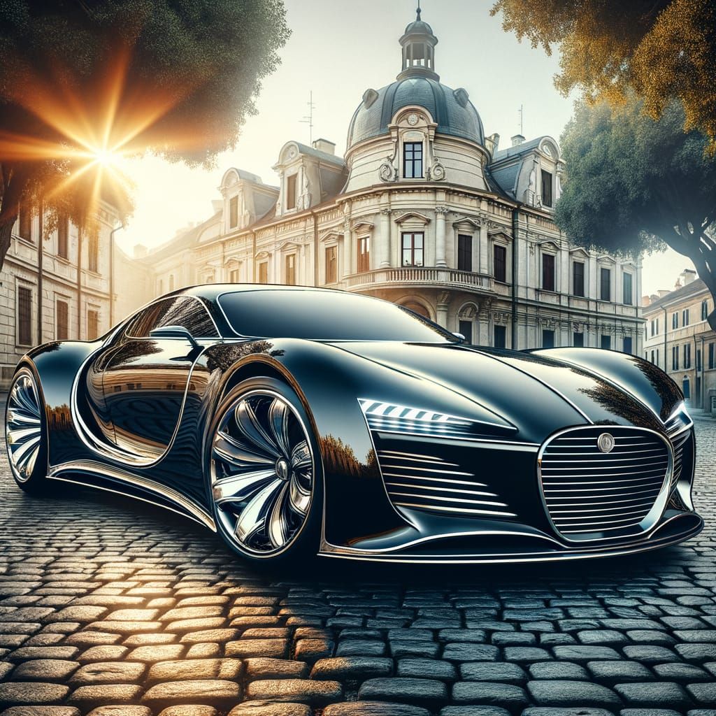 Exotic Luxury Car in Glossy Black on Cobblestone Street