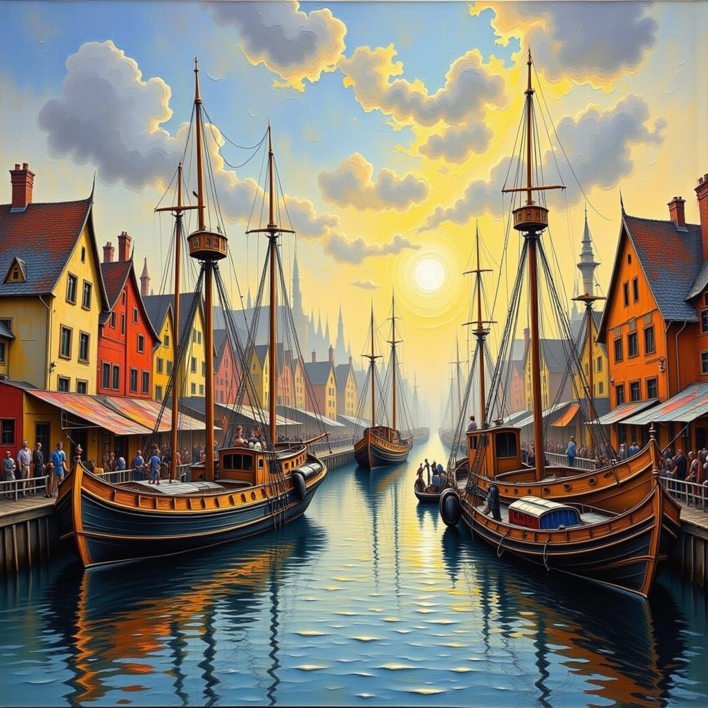 Vibrant Harbor Town in Impressionistic Style