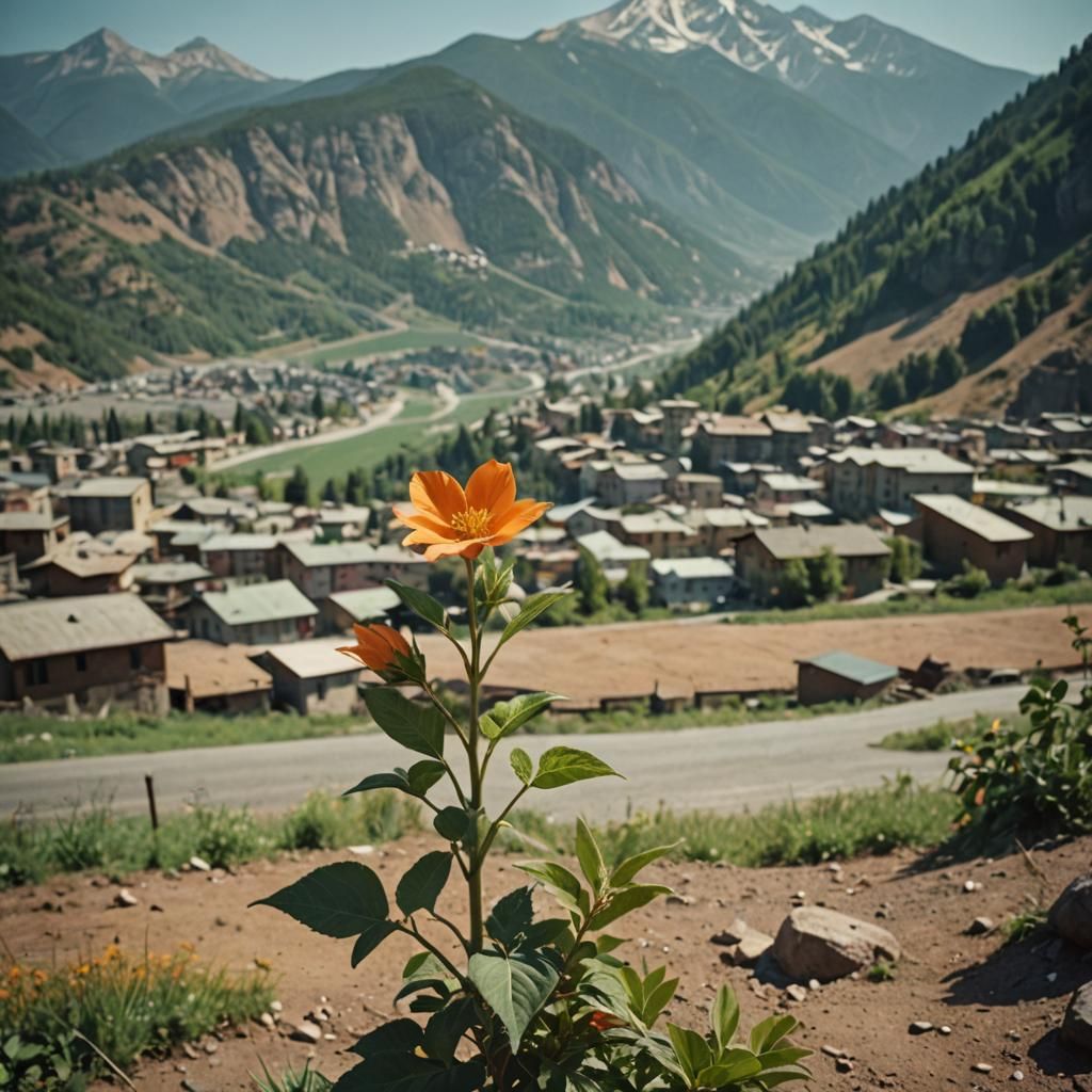 Cinematic Mountain Town With Orange Flower