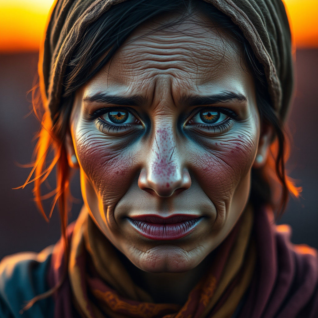 Resilient Woman with Scars in Hyperrealistic Splash Art