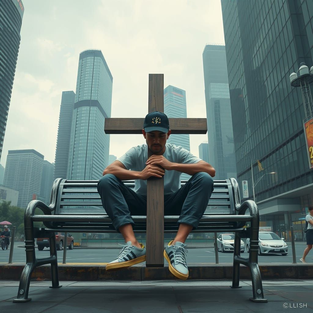Man with Cross Resting in Singapore, Digital Painting