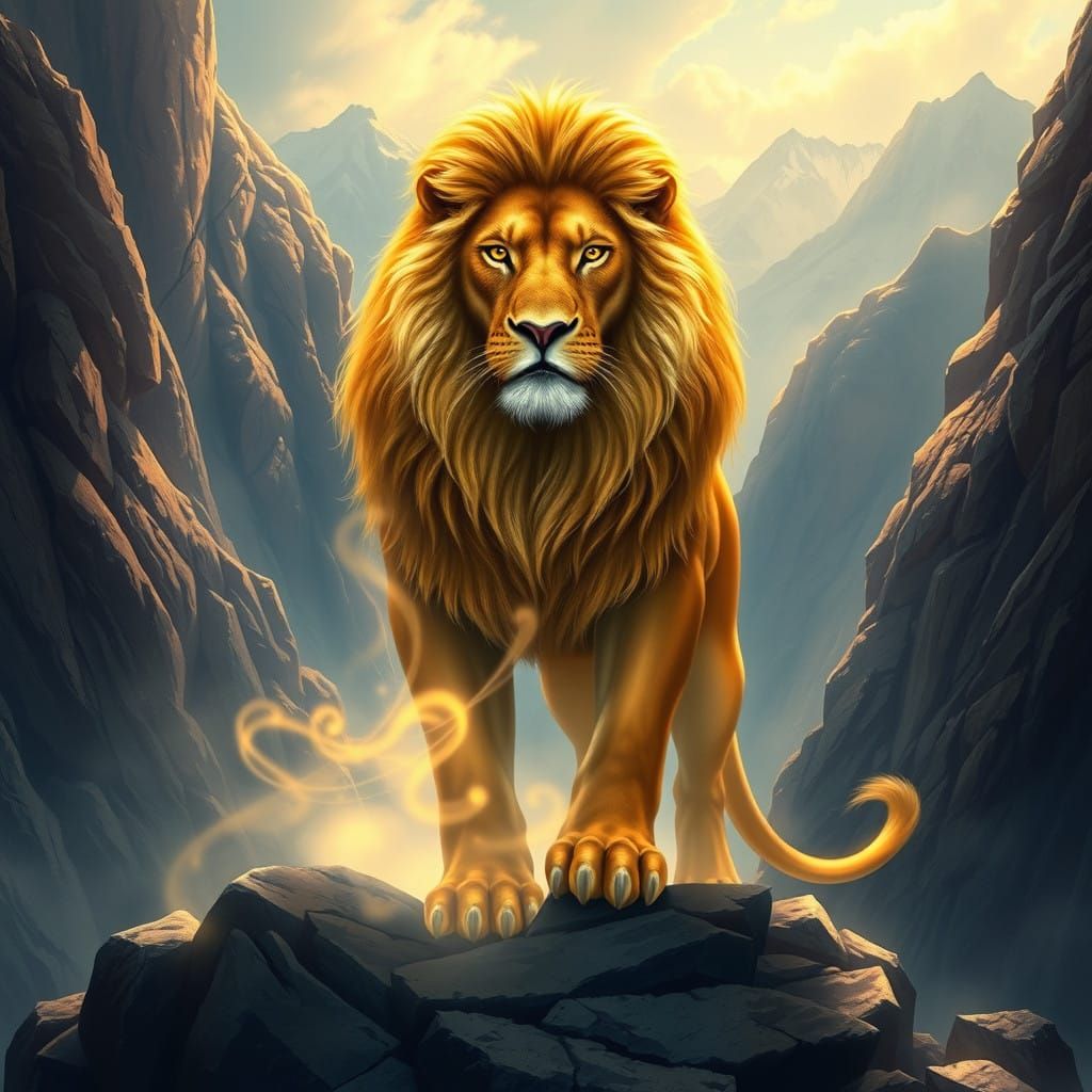 Majestic Aslan Stands Guard on Enchanted Mountain Pass