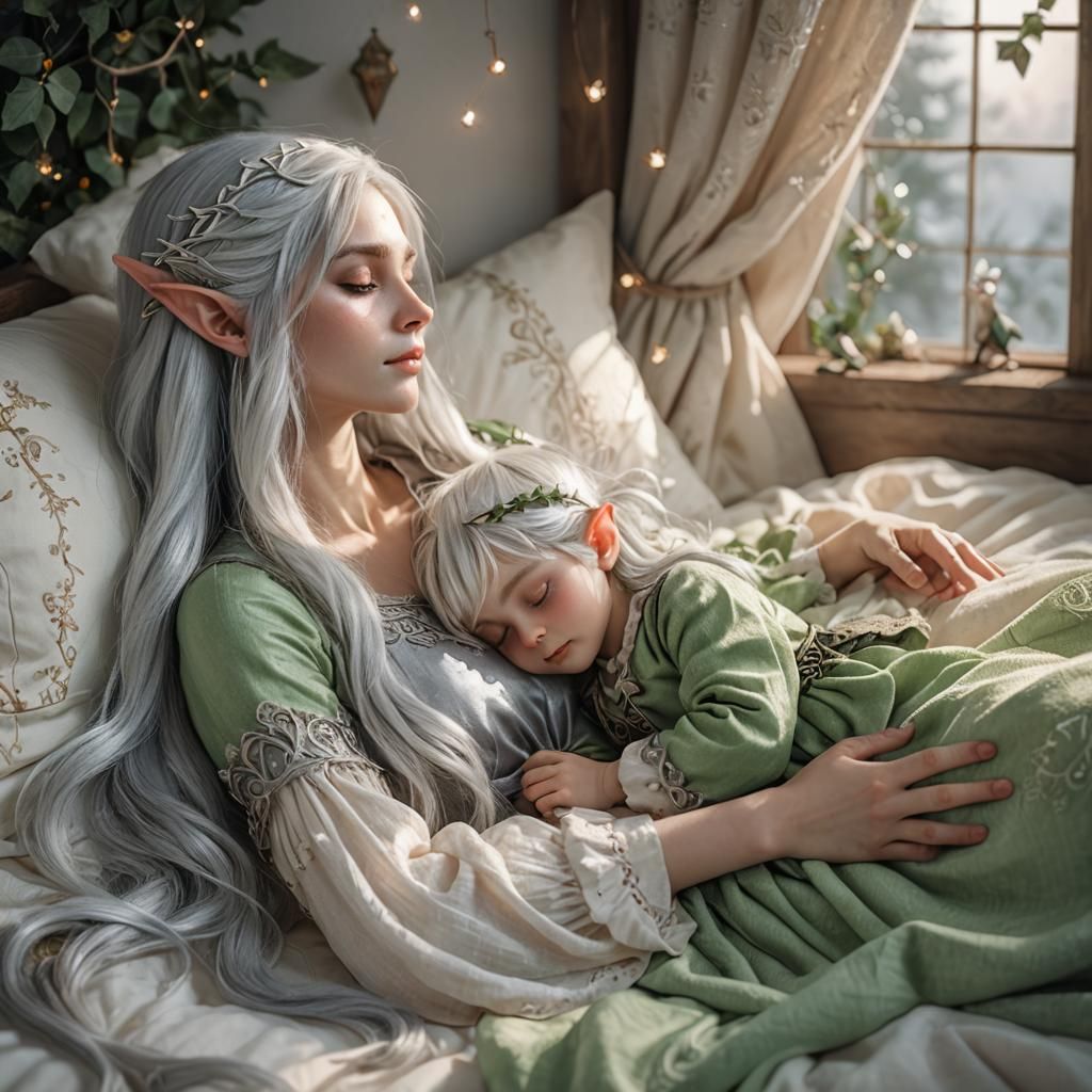 Elf Mother and Baby: Art Nouveau Dreamscape