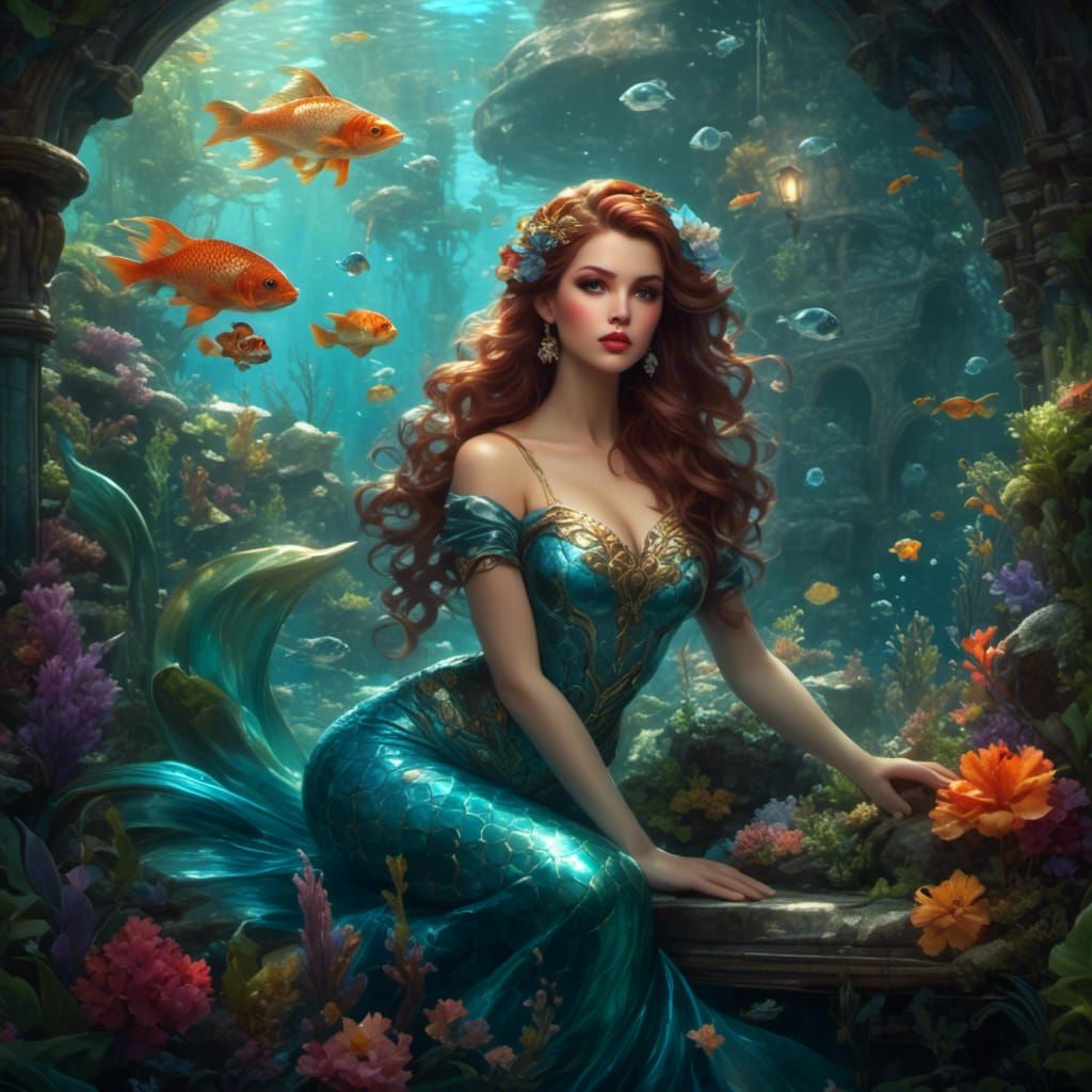 Pinup Mermaids in Aquarium, Digital Art