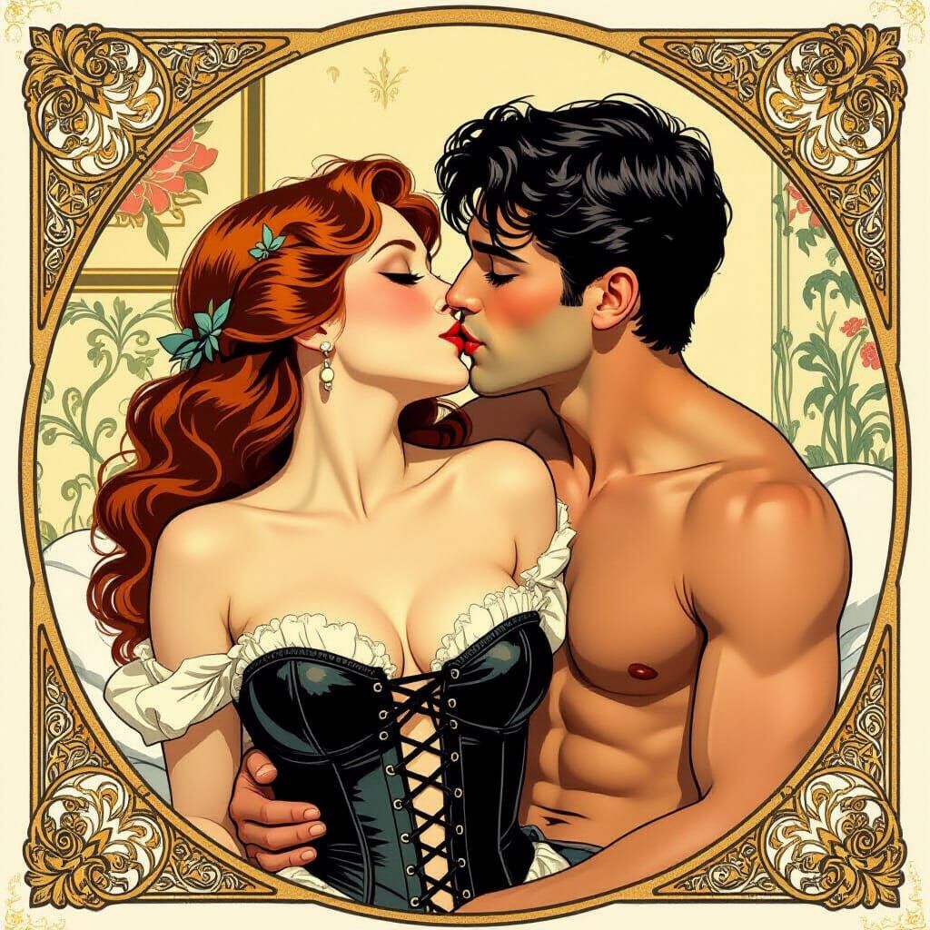 Shocked Woman with Lover in Art Nouveau Style