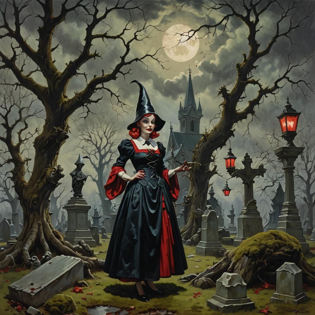 Gnome in Graveyard as Vintage Pin-Up Art