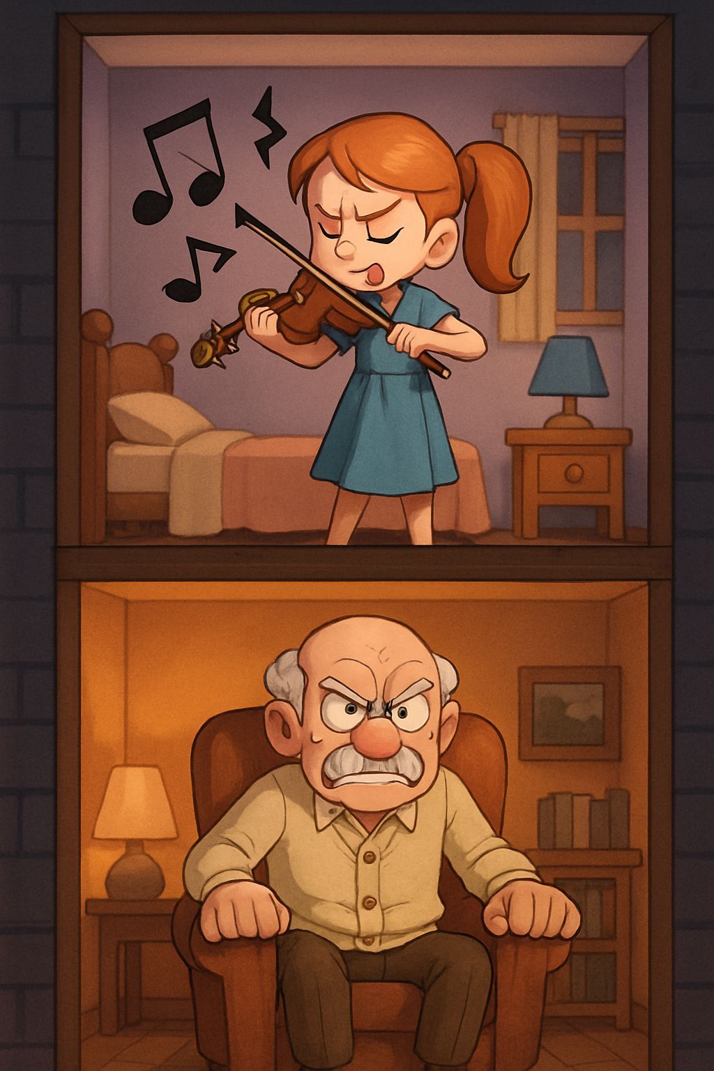 Cartoon Scene: Angry Old Man vs. Awful Violinist