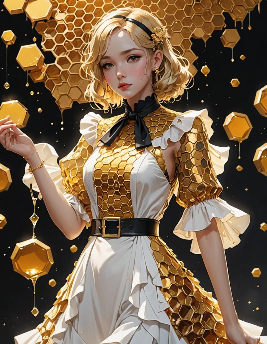 Dripping Golden Honeycomb, White 1930's Ladies Suit. The dress is a flowing ruffle dress with a gem-encrusted black halt...