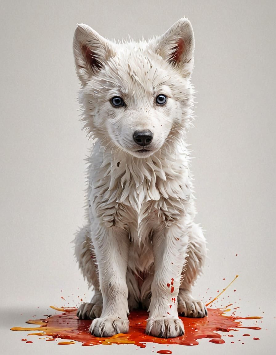 White Wolf Cub Digital Art with Vibrant Paint Streaks