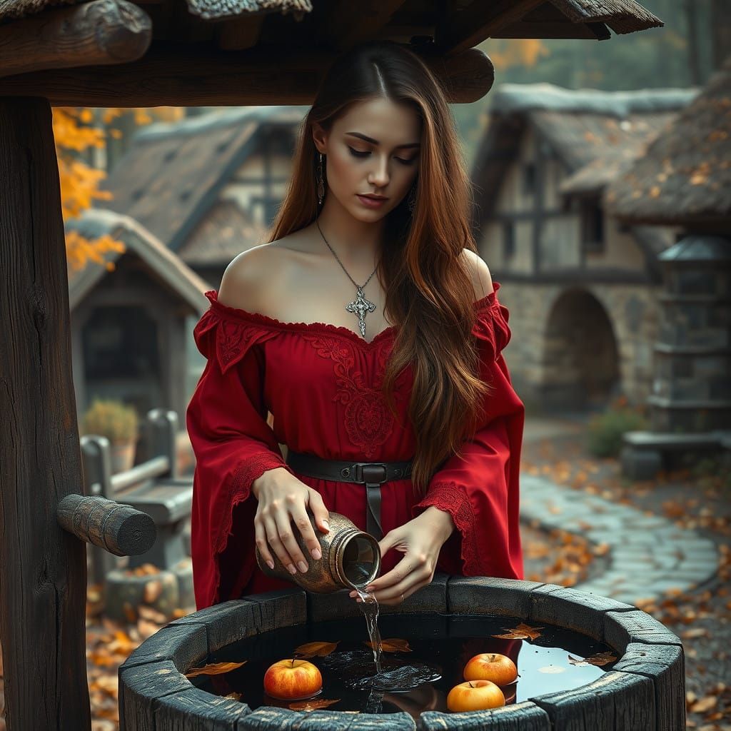 Medieval Woman in Red Off-Shoulder Dress, Standing Beside Wo...