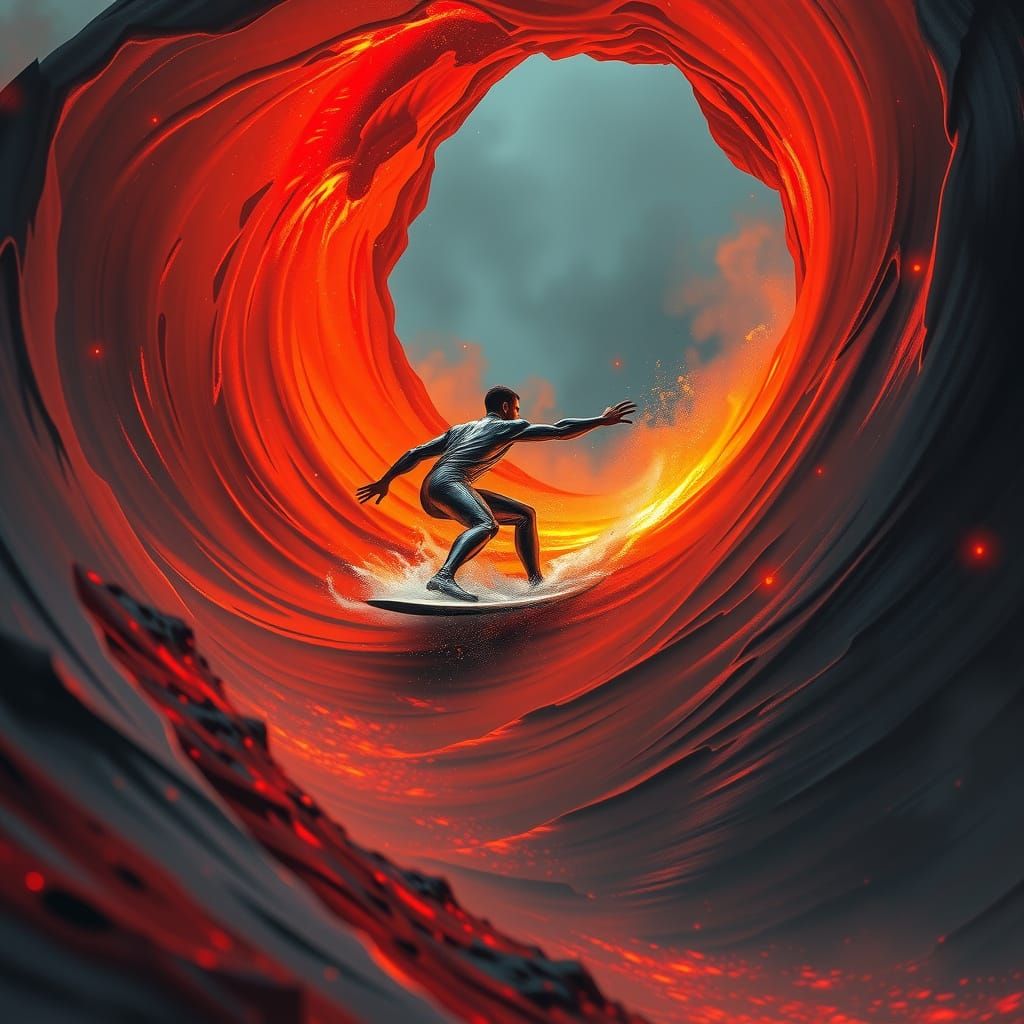 Surfer Rides Lava Wave in Volcanic Fury
