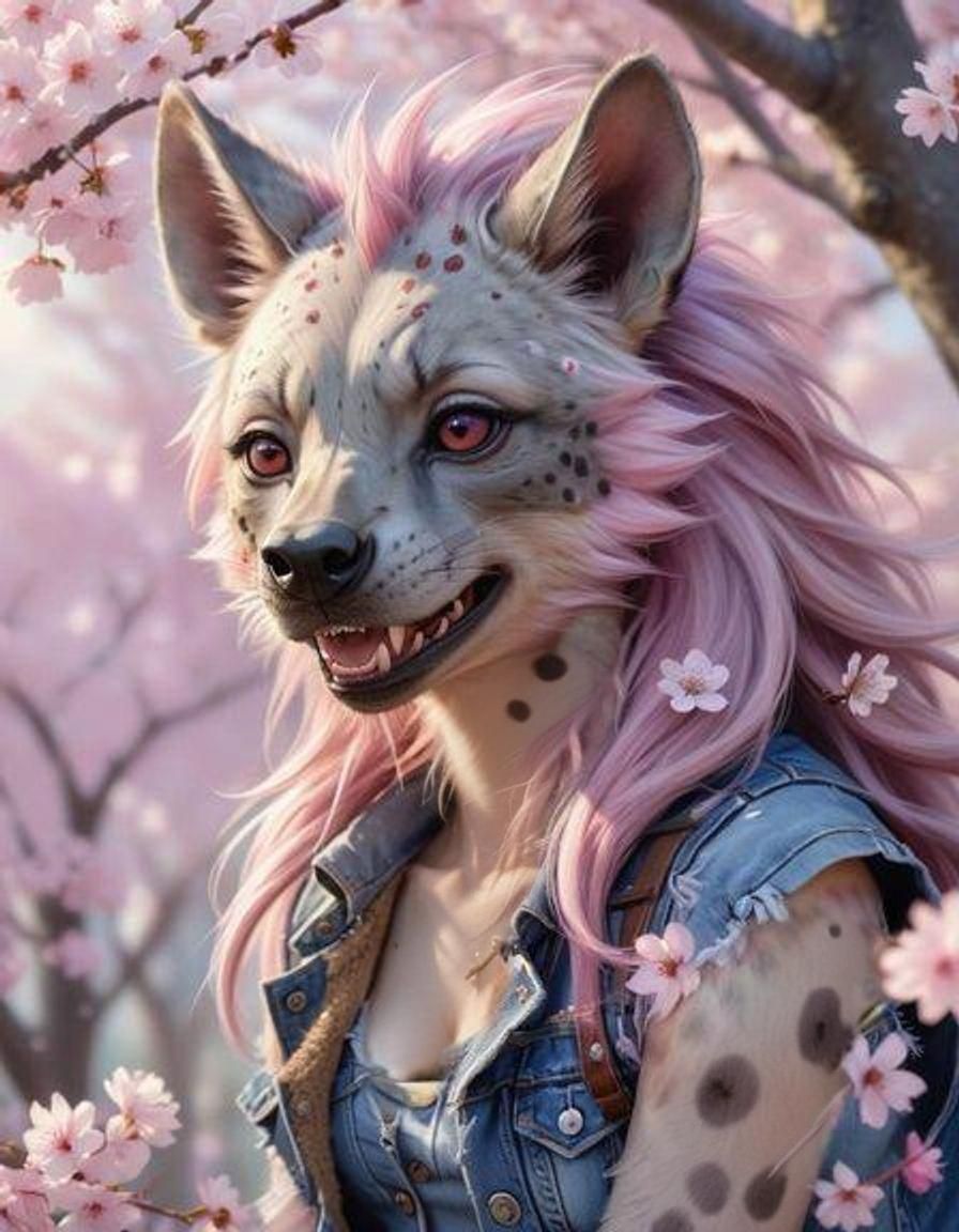 Feminine Furry Goddess in Cherry Blossom Paradise
