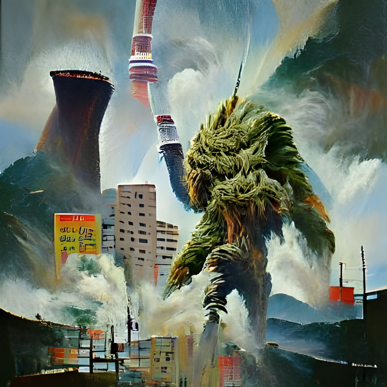 Retro Sci-Fi Monster vs Giant Bud: Kaiju Oil Painting