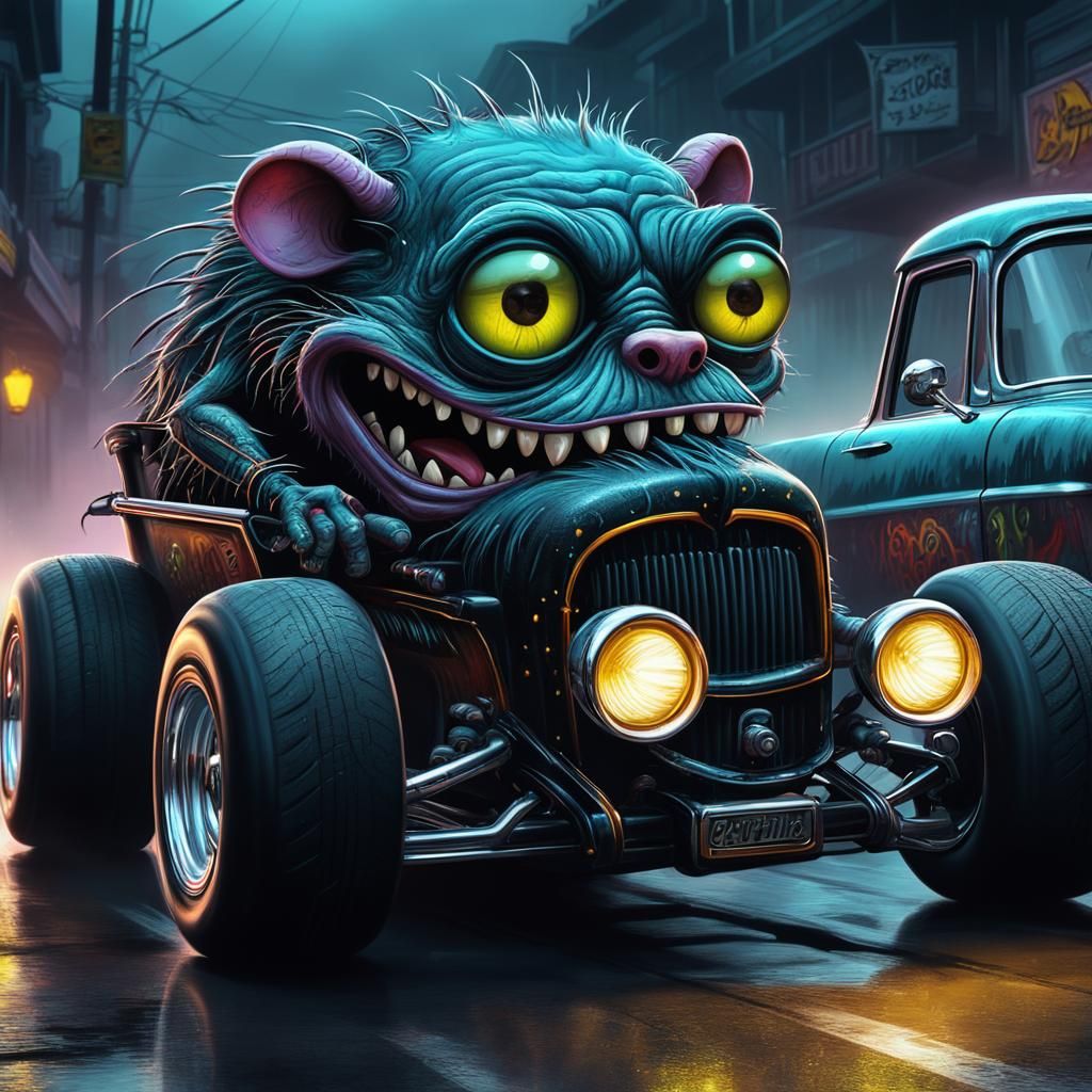 Rat Fink Monster Drives Rat Rod in Neon Fog