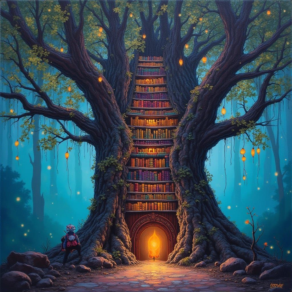 Mystical Tree Library with Glowing Books in Graffiti Art Sty...