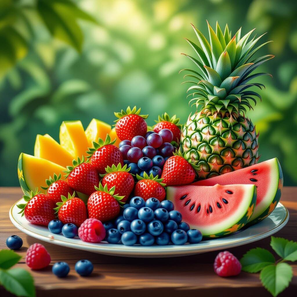 Vibrant Fruit Tray in Detailed Matte Painting Style