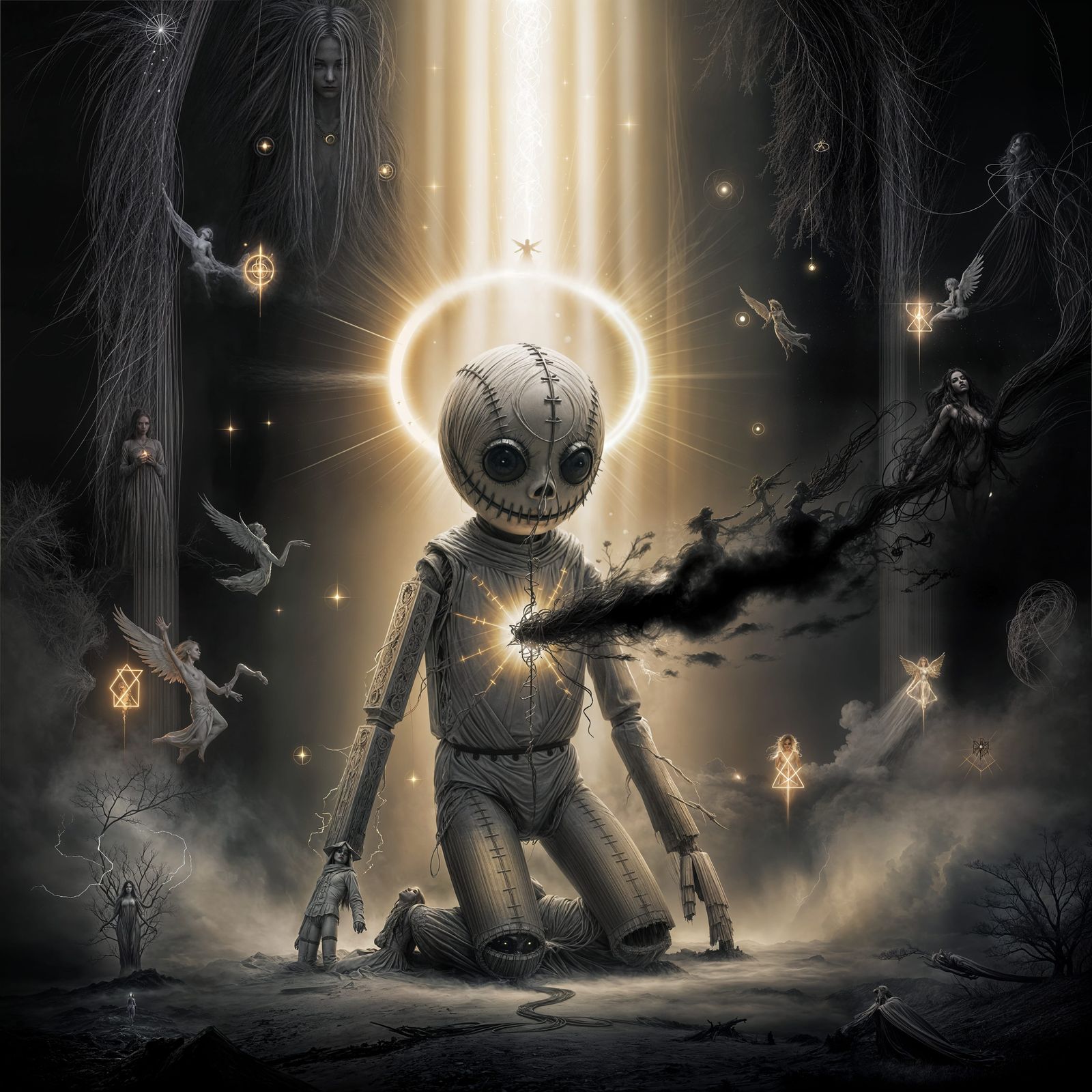 Creepy Ragdoll Purged by Divine Light in Eerie Chamber