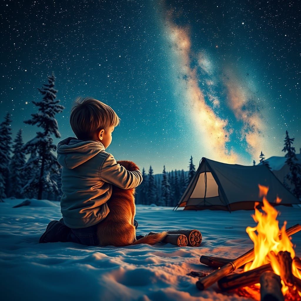 Winter Wilderness Campsite Scene in Hyperrealistic Style