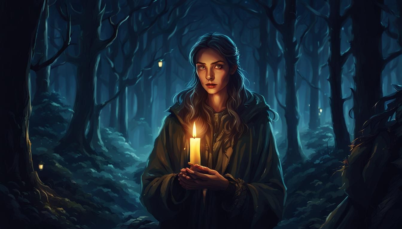 Beauty with Candle in Dark Forest at Night