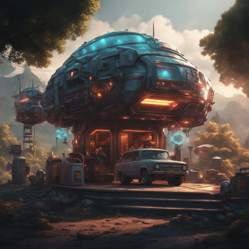 Retro Sci-Fi Farmstand with Chrome Motorcycle