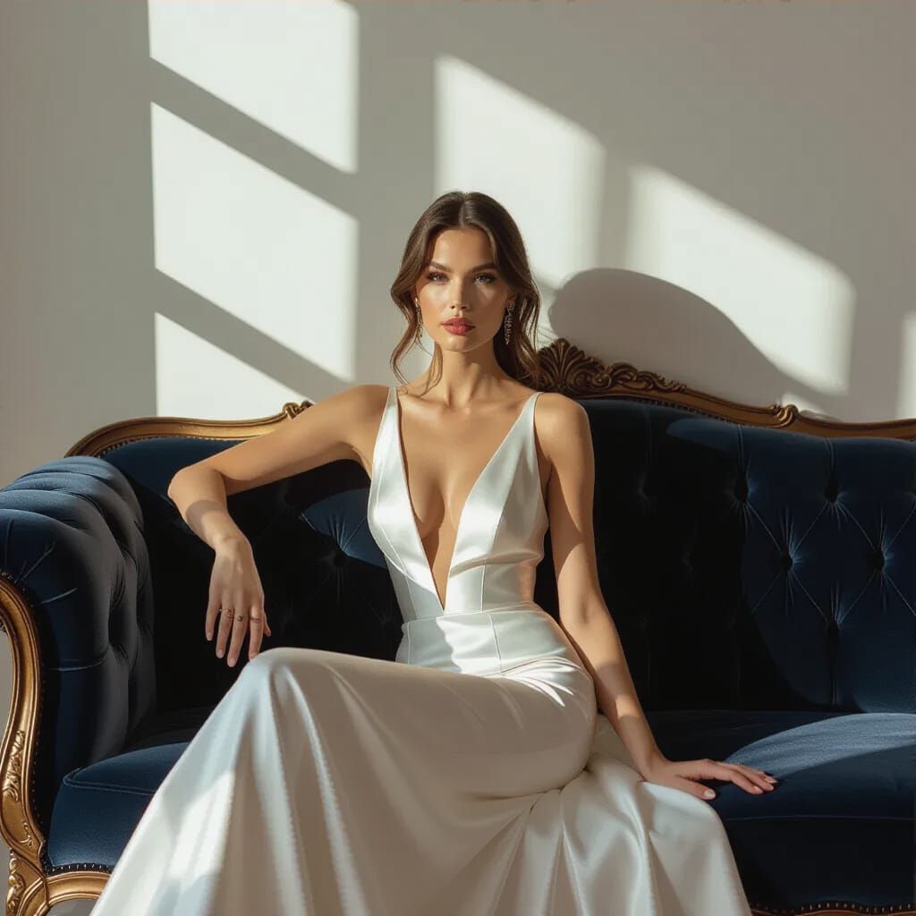 Elegant Model on Velvet Sofa in High-Key Fashion