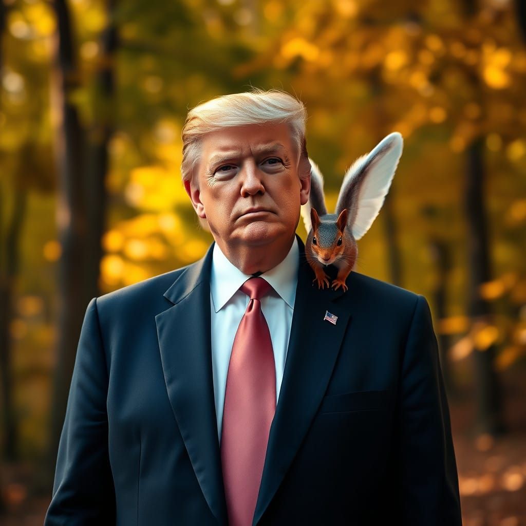 Regal Trump with Angel Squirrel in Golden Forest